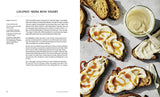 Two-page spread from The Vegan Creamery cookbook featuring a Coconut–Mung Bean Yogurt recipe alongside artisanal toast topped with the yogurt and maple syrup.
