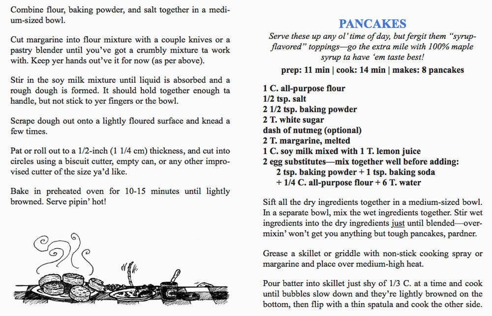 Hot Damn & Hell Yeah cookbook pages featuring vegan biscuit and pancake recipes, showcasing step-by-step instructions for flavorful Southwestern-style dishes.