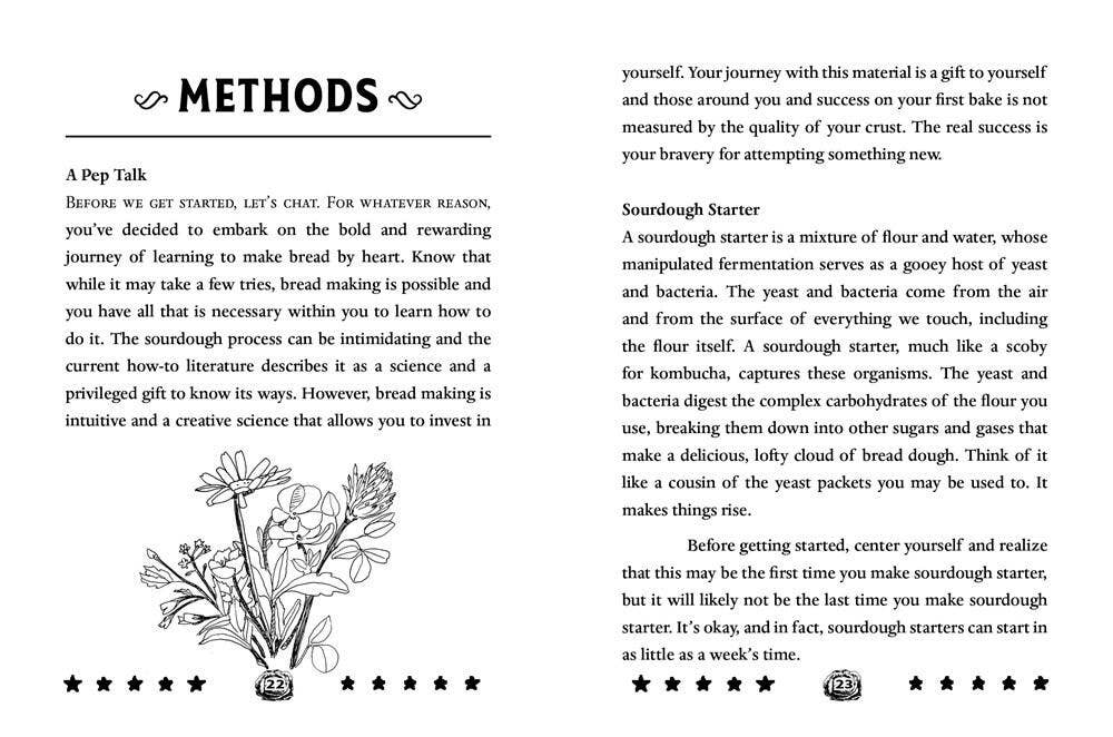 Bread of the Resistance: Make Sourdough without Measuring guide spread, featuring A Pep Talk and Sourdough Starter sections with line drawings and decorative stars.