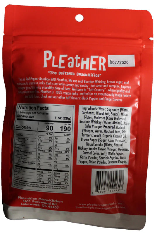 Back of Pleather Vegan Jerky pouch, Red Pepper Bourbon BBQ flavor, showing ingredients, nutrition facts, and manufacturer details. Includes a resealable design for convenience.