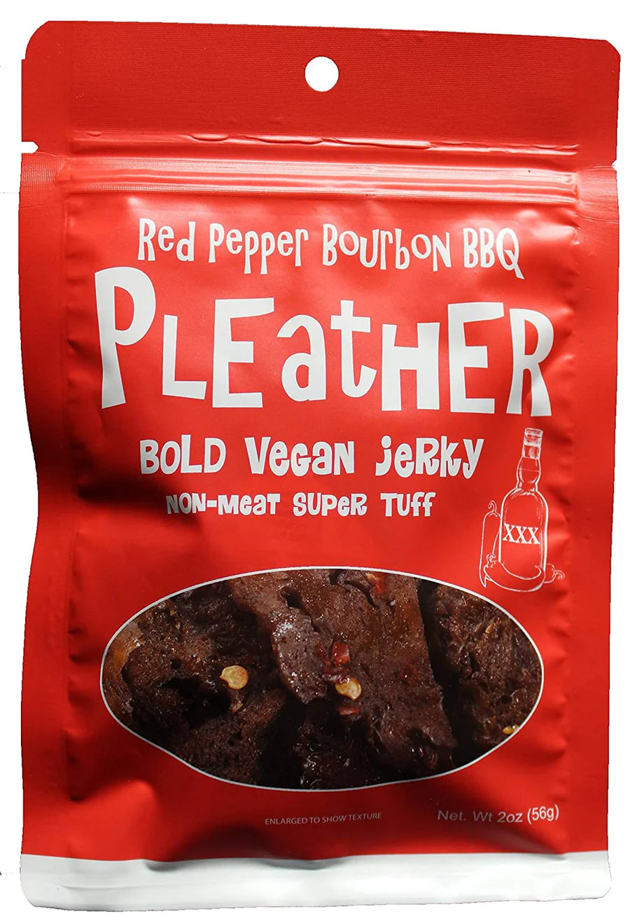 Pleather Vegan Jerky in a 2 oz resealable pouch, featuring Red Pepper Bourbon BBQ flavor, with a window showing chewy jerky strips, ideal for protein-rich snacking.