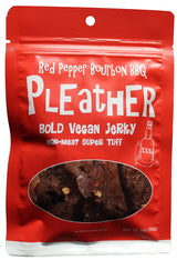 Pleather Vegan Jerky in a 2 oz resealable pouch, featuring Red Pepper Bourbon BBQ flavor, with a window showing chewy jerky strips, ideal for protein-rich snacking.